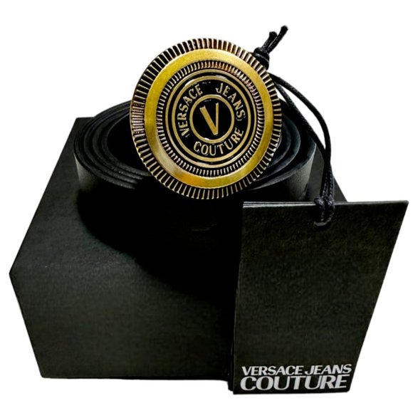 Versace Other - New Versace Jeans Couture Black V-Emblem Calfskin Black Belt Size US-42 105-CM